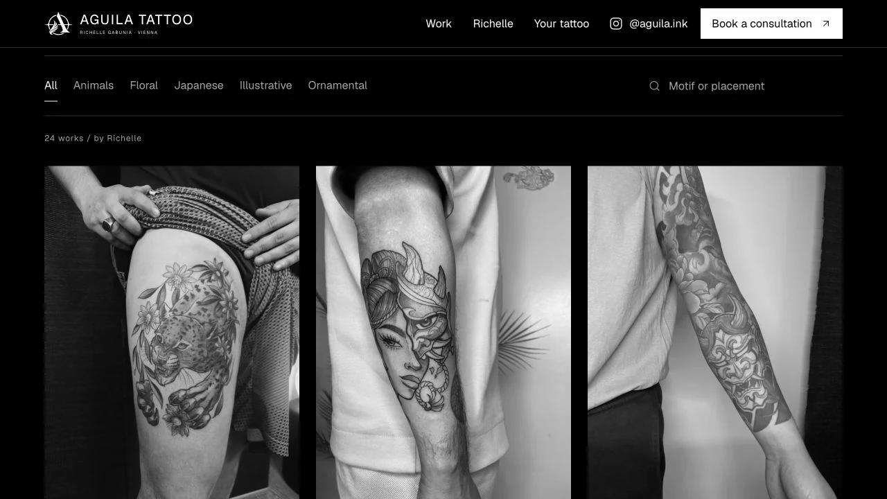 AGUILA Tattoo's portfolio grid showing large monochrome photographs and motif filters above the selection