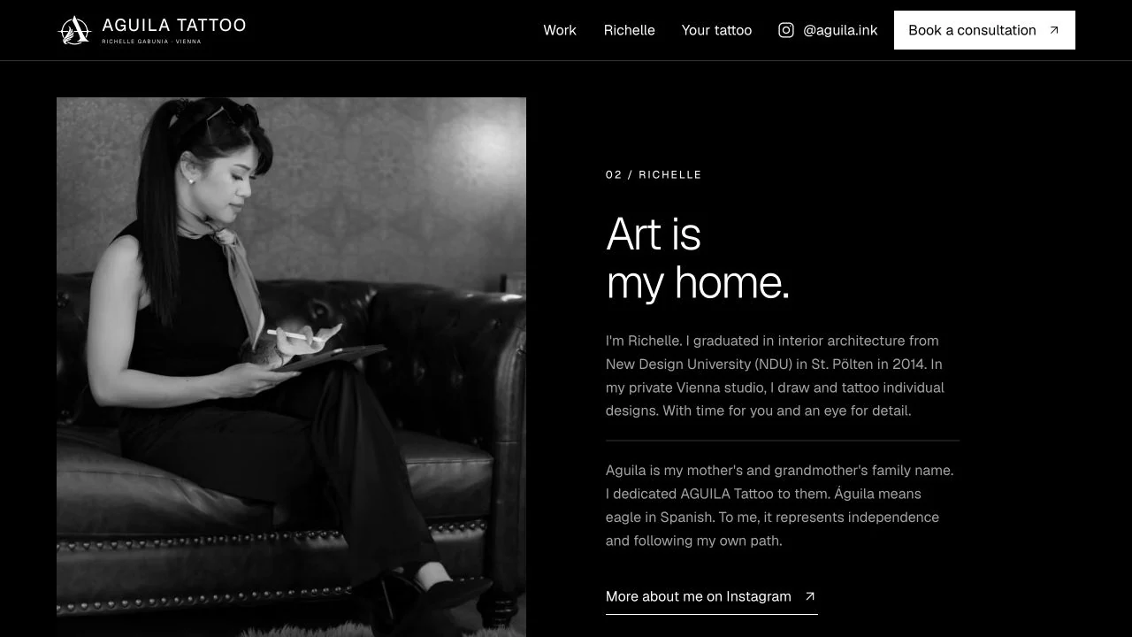Richelle's portrait beside a short introduction to her private studio and the family story behind the AGUILA name